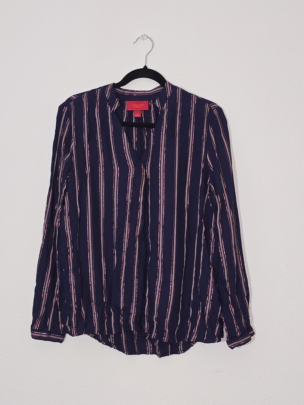 Jennifer Lopez Navy Top with Pink Vertical Stripes